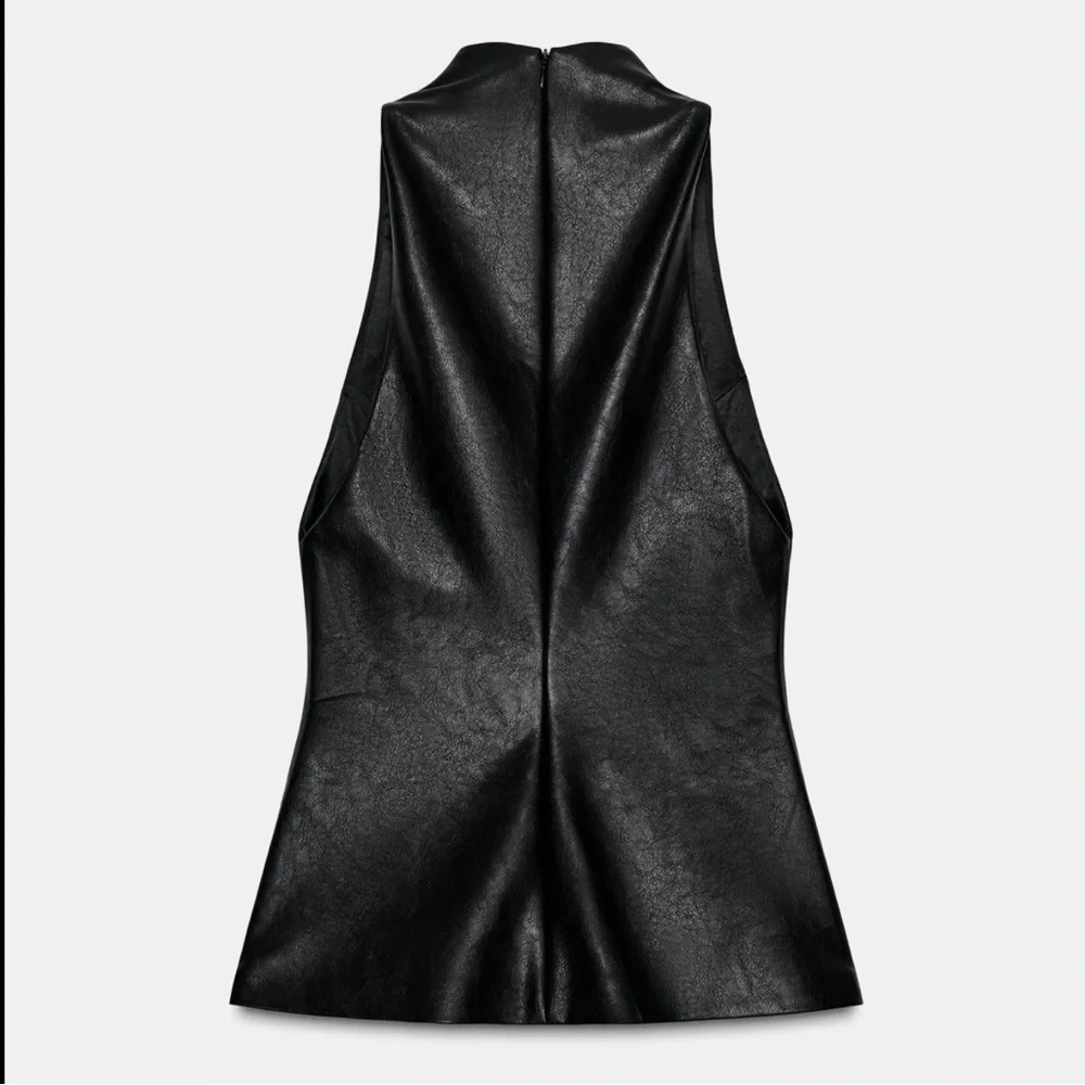 NWT Zara Black Sleeveless mock neck Faux Leather Zip back Top - size Large - Picture 2 of 12